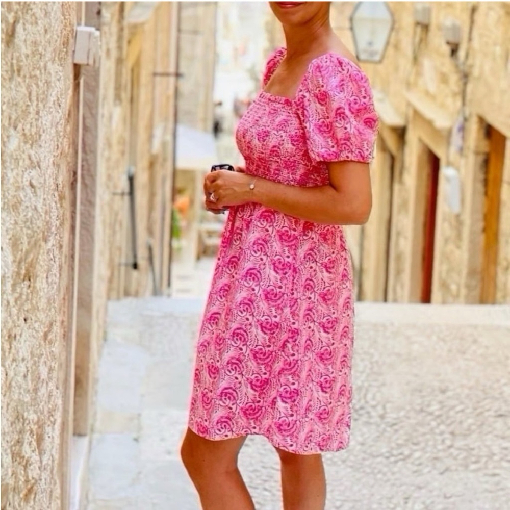J.Crew Puff-sleeve Smocked Mini Dress in Dandelion Swirl Pink Orange Size XL - Picture 3 of 11